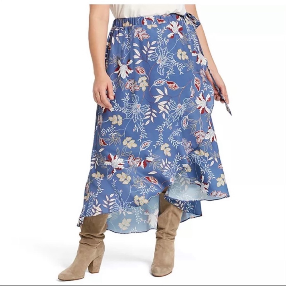 East Adeline Women’s Blue Floral High Low Chiffon Maxi Wrap Skirt 3X NWT